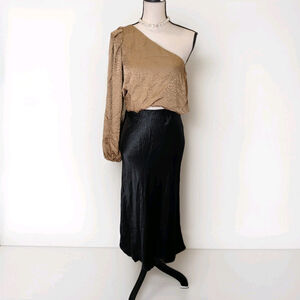 Show Me Your Mumu Top Womens Satin Leopard One Shoulder Blouse Tan Beige Medium